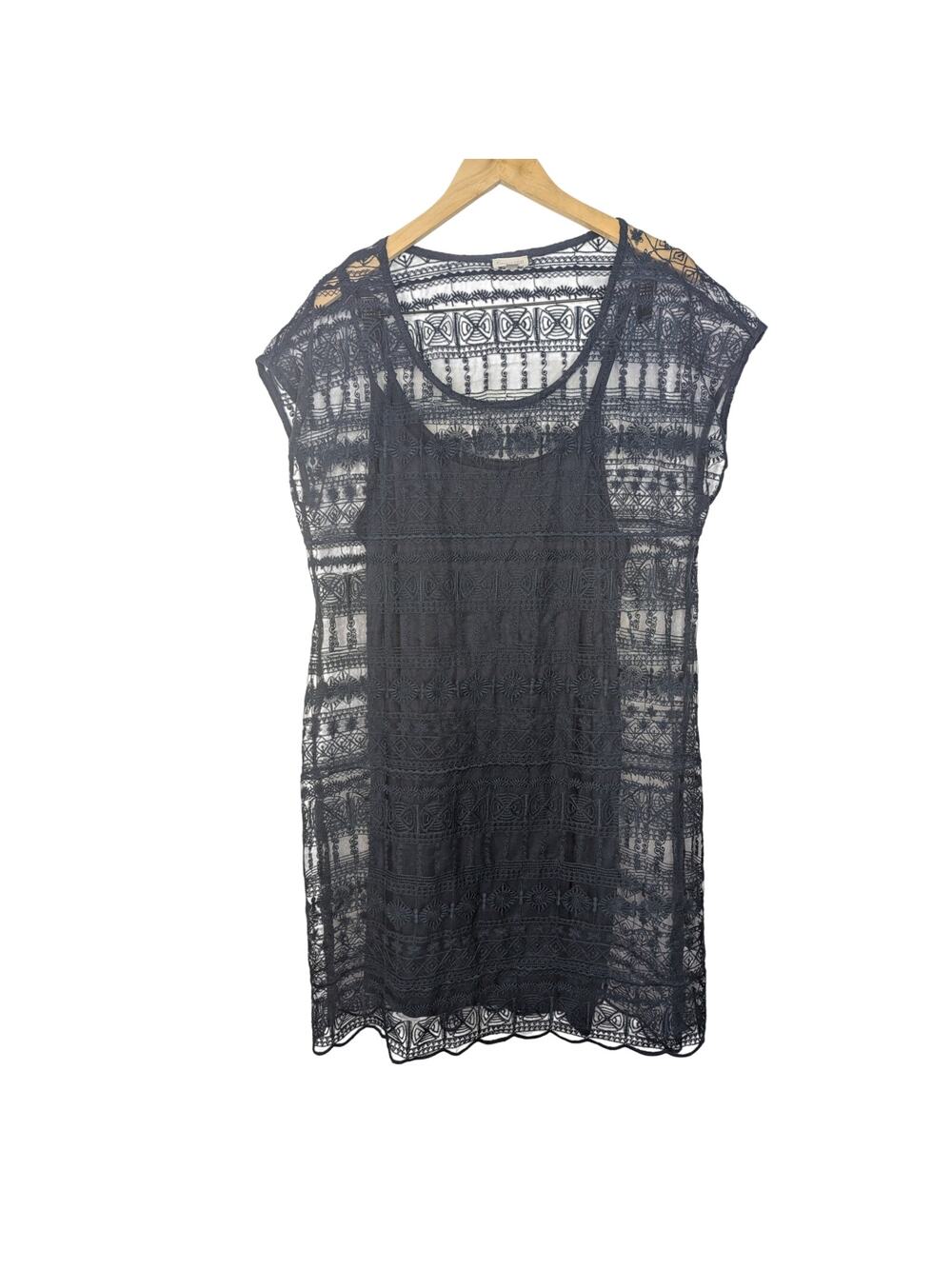 Garnet Hill Dark Teal Embroidered Lace Overlay Mini Dress Boho Whimsigoth